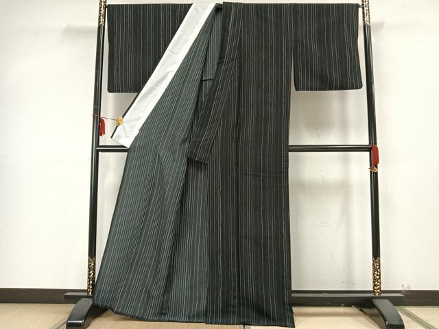 平和屋着物▽小紋 単衣 よろけ縞 黒地 洗える着物 AAAZ9460fy