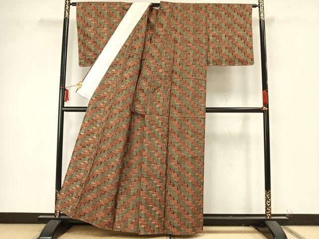 平和屋着物▽上質な紬 単衣 幾何学文 正絹 逸品 AAAZ9474fy