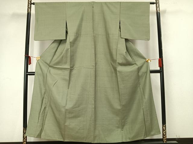 平和屋着物▽上質な紬 単衣 色無地 若葉色 正絹 逸品 AAAZ9478fy