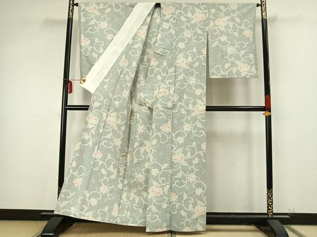 平和屋着物▽上質な紬 単衣 花唐草文 正絹 逸品 AAAZ9484fy