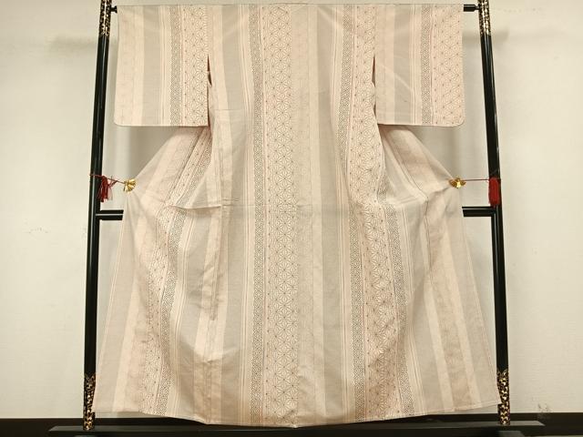 平和屋着物▽本塩沢 単衣 110亀甲 麻の葉間道 正絹 逸品 AAAZ9487fy