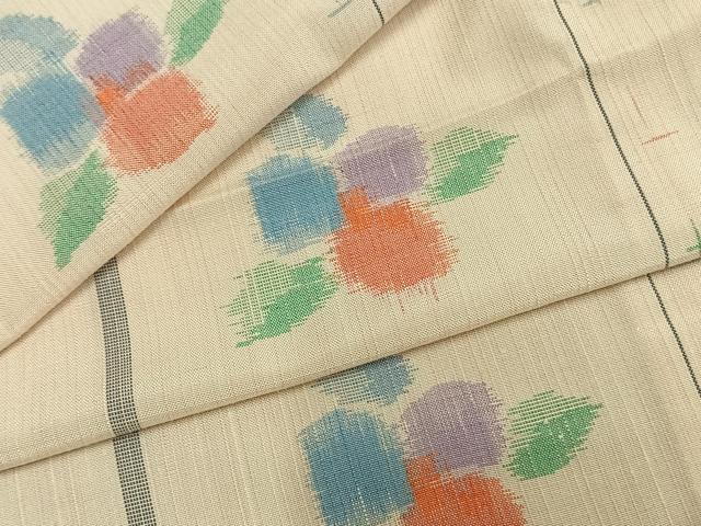 平和屋着物▽上質な紬 単衣 格子草花文 正絹 逸品 AAAZ9518fy