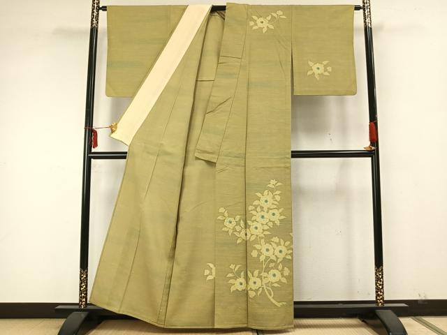 平和屋着物▽訪問着 単衣 紬地 草花文 正絹 逸品 AAAZ9519fy