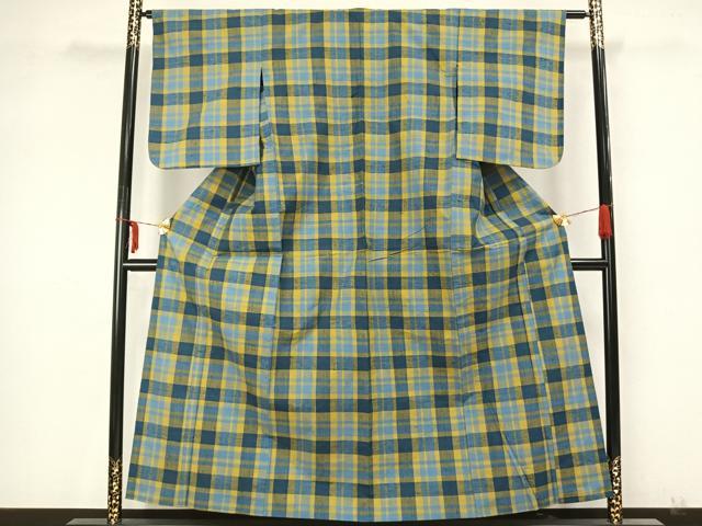 平和屋着物▽上質な紬 単衣 格子 正絹 逸品 AAAZ9541fy