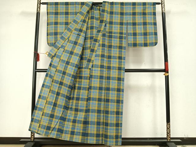 平和屋着物▽上質な紬 単衣 格子 正絹 逸品 AAAZ9541fy