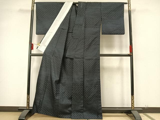 平和屋着物▽上質な紬 単衣 網目文 正絹 逸品 AAAZ9547fy