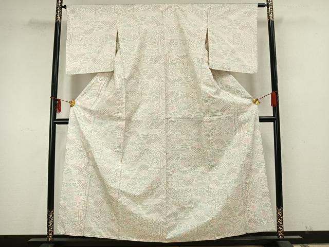 平和屋着物▽本場大島紬 単衣 白大島 扇面風景花文 正絹 逸品 AAAZ9557fy