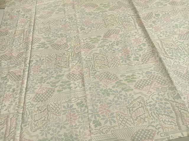 平和屋着物▽本場大島紬 単衣 白大島 扇面風景花文 正絹 逸品 AAAZ9557fy