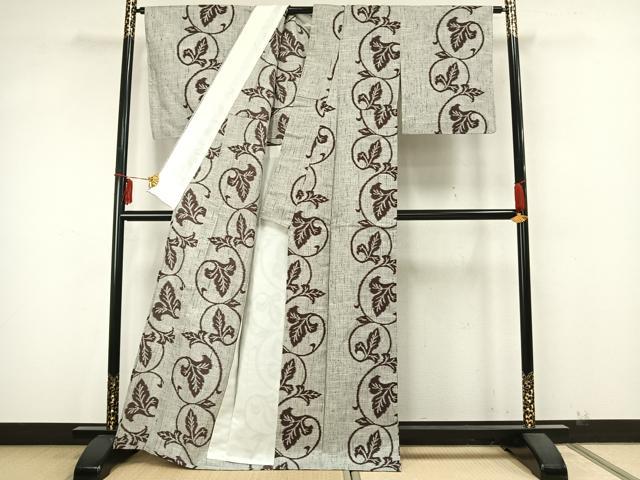 平和屋着物▽上質な紬 単衣 唐草文 正絹 逸品 AAAZ9561fy