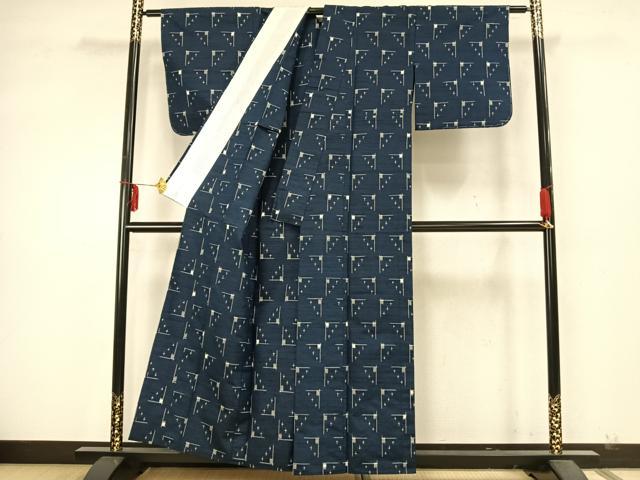 平和屋着物▽上質な紬 単衣 幾何学文様 正絹 逸品 未使用 AAAZ9563fy