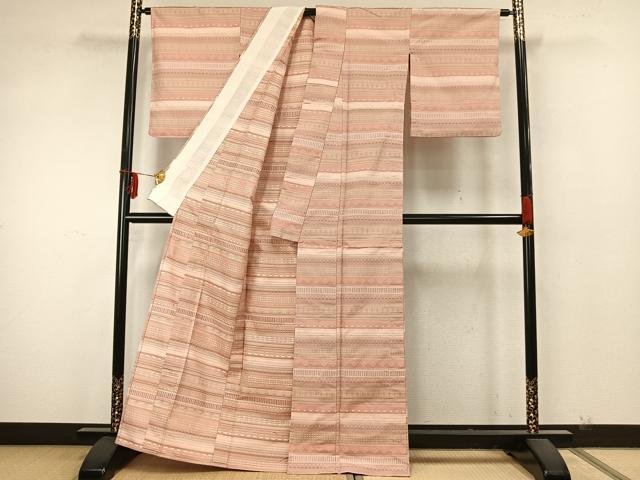 平和屋着物▽上質な紬 単衣 横段文 正絹 逸品 AAAZ9565fy