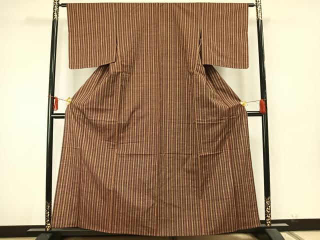平和屋着物▽上質な紬 単衣 縞 正絹 逸品 AAAZ9569fy