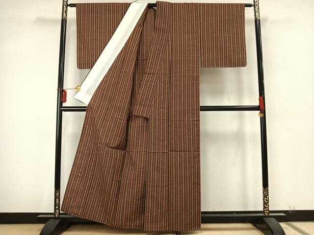 平和屋着物▽上質な紬 単衣 縞 正絹 逸品 AAAZ9569fy