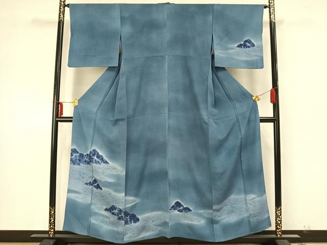 平和屋着物▽訪問着 単衣 絞り 藍 風景文 暈し染め 正絹 逸品 AAAZ9592fy