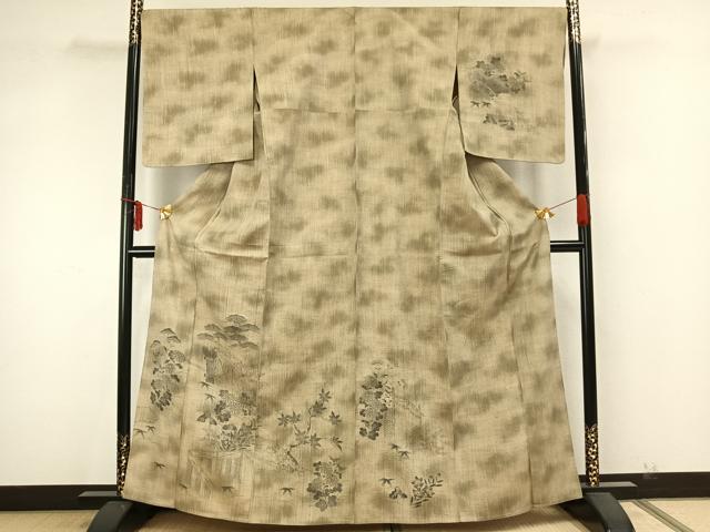平和屋着物▽訪問着 単衣 紬地 風景草花文 正絹 逸品 AAAZ9625fy