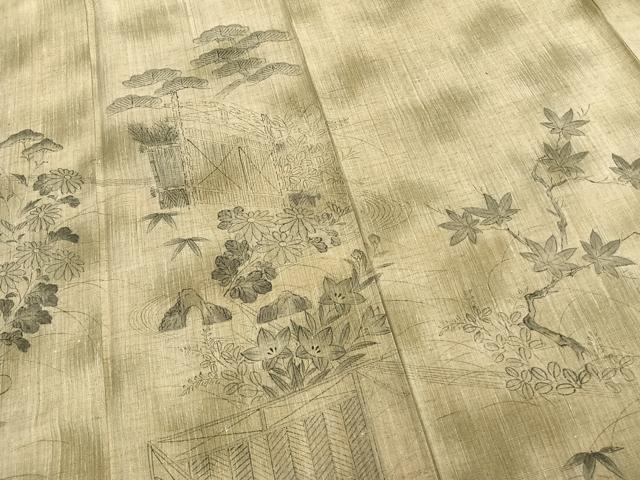 平和屋着物▽訪問着 単衣 紬地 風景草花文 正絹 逸品 AAAZ9625fy