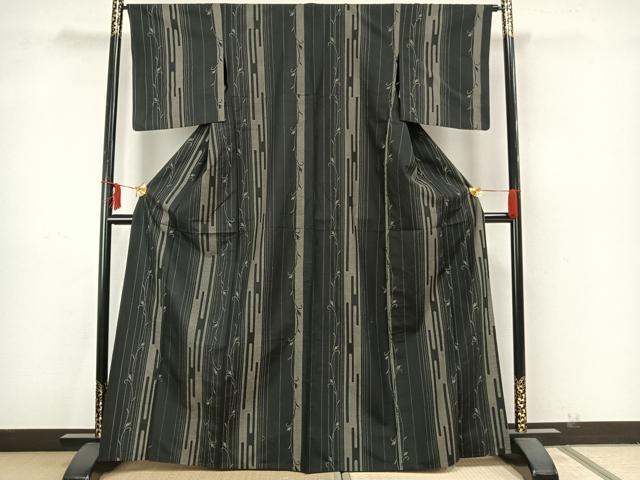 平和屋着物▽上質な紬 単衣 花唐草間道 黒地 正絹 逸品 AAAZ9626fy
