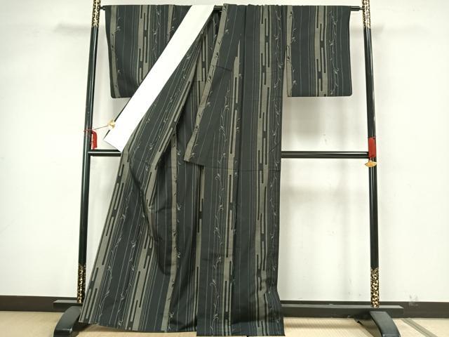 平和屋着物▽上質な紬 単衣 花唐草間道 黒地 正絹 逸品 AAAZ9626fy