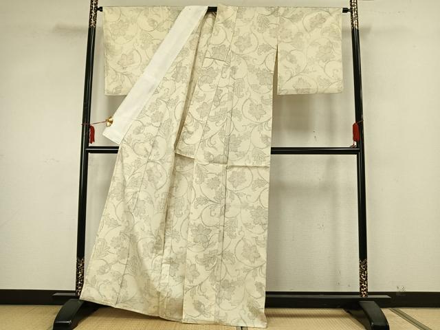 平和屋着物▽上質な紬 単衣 花唐草文 正絹 逸品 AAAZ9655fy