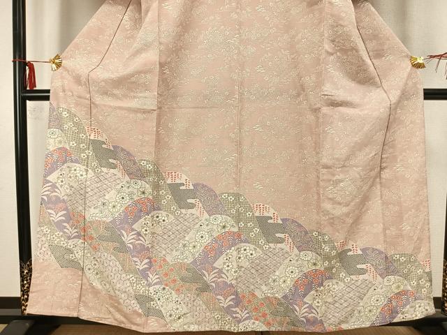 平和屋着物▽訪問着 単衣 紬地 切嵌花文 正絹 逸品 AAAZ9671fy