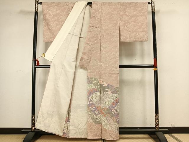 平和屋着物▽訪問着 単衣 紬地 切嵌花文 正絹 逸品 AAAZ9671fy
