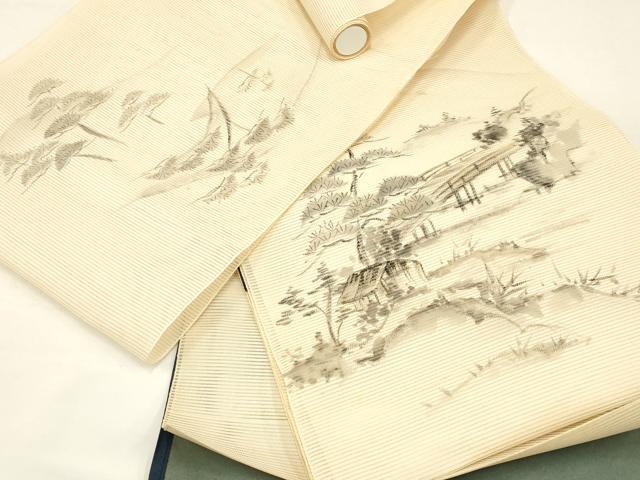 平和屋着物*夏物 名古屋帯 反物 絽綴れ 手描き 風景文 正絹 逸品 未使用 AAAZ9917ay