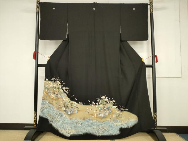 平和屋着物■豪華黒留袖 駒刺繍 立波風景文 松竹梅 暈し染め 金彩 正絹 逸品 AAAZ9988ma
