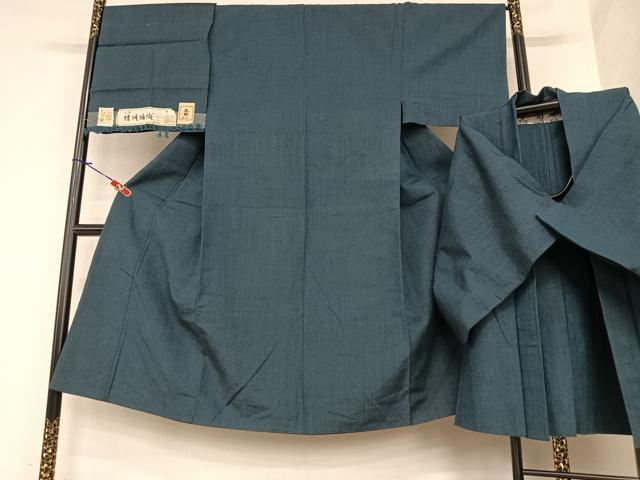 平和屋着物●男性 紬 アンサンブル 結城紬織 色無地 濃藍色 反端付き 正絹 逸品 AABA0349zg