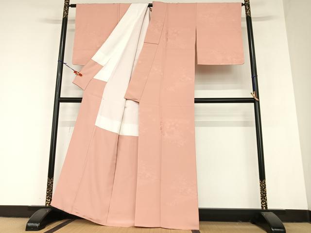 平和屋着物●上質な色無地 風景草花地紋 退紅色 正絹 逸品 AABA0384zg