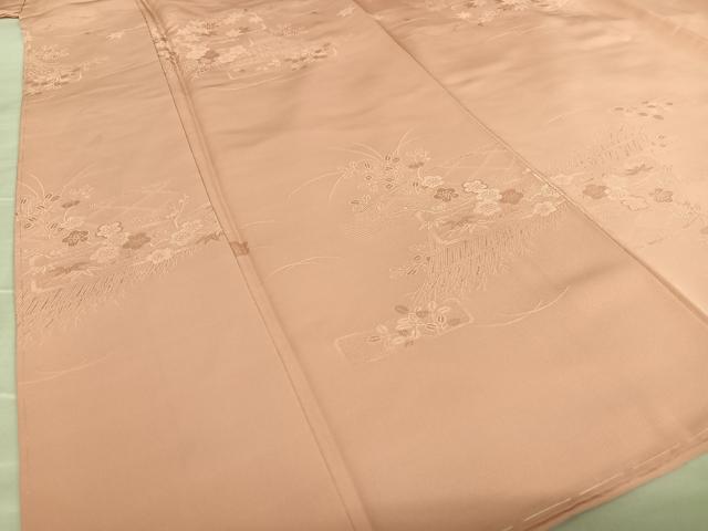 平和屋着物●上質な色無地 風景草花地紋 退紅色 正絹 逸品 AABA0384zg