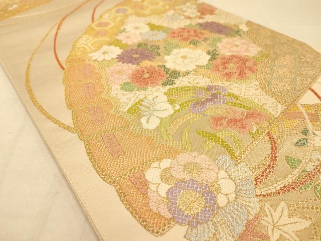 平和屋着物◎六通柄袋帯 唐織 扇草花文 金糸 正絹 逸品 AABA0535tn