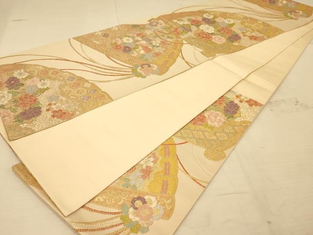 平和屋着物◎六通柄袋帯 唐織 扇草花文 金糸 正絹 逸品 AABA0535tn