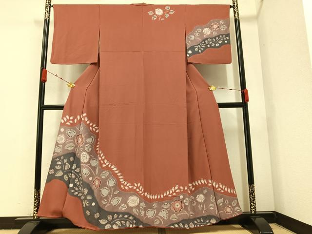 平和屋着物●訪問着 辻が花 絞り 真赭色 鈴乃屋扱い 正絹 逸品 AABA1255ph
