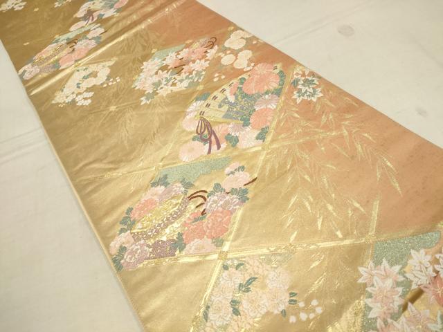 平和屋着物▼六通柄袋帯 扇面花菱文 金糸 正絹 逸品 AABA1395wj