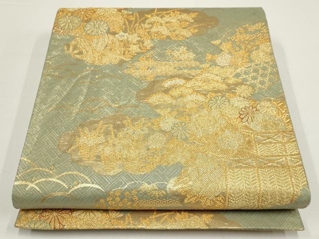 平和屋着物▼佐賀錦 六通柄袋帯 四季山水図文 金糸 正絹 逸品 AABA1647wj