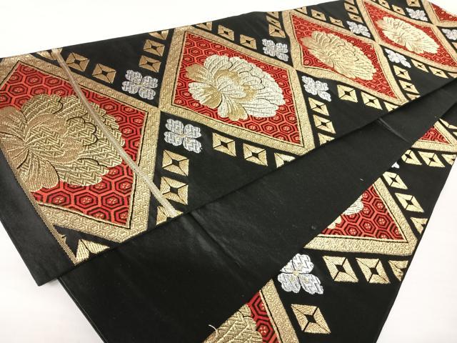 平和屋着物◎六通柄袋帯 天井花文 黒地 金銀糸 正絹 逸品 AABA1982yx