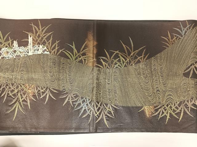 平和屋着物◎六通柄袋帯 渡橋風景文 研ぎ出し箔 正絹 逸品 AABA2045yx