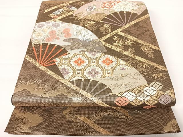 平和屋着物◎六通柄袋帯 唐織 扇面花鳥文 金糸 正絹 逸品 AABA2046yx