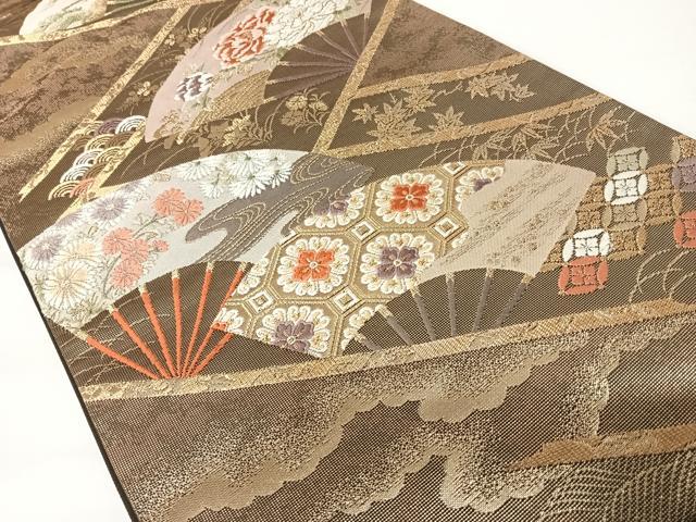 平和屋着物◎六通柄袋帯 唐織 扇面花鳥文 金糸 正絹 逸品 AABA2046yx