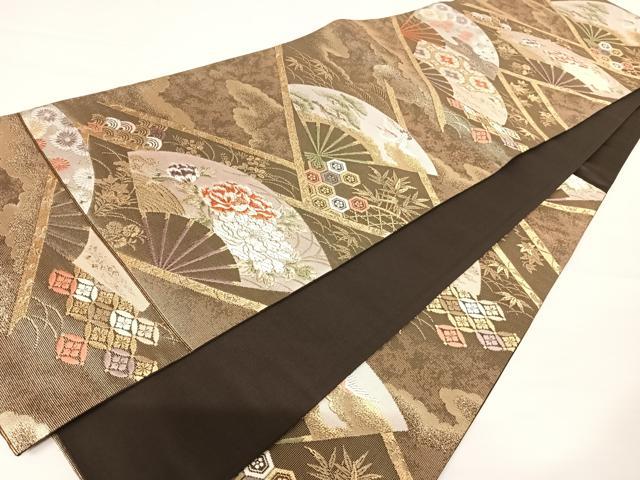 平和屋着物◎六通柄袋帯 唐織 扇面花鳥文 金糸 正絹 逸品 AABA2046yx
