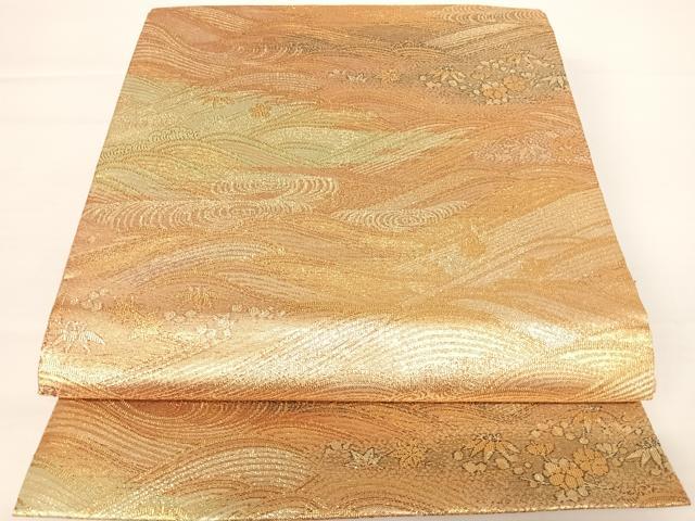 平和屋着物◎六通柄袋帯 流水花文 金糸 正絹 逸品 AABA2097yx