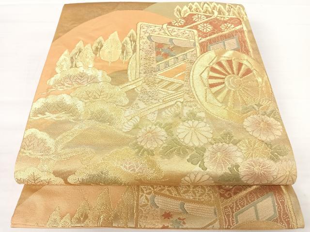平和屋着物◎六通柄袋帯 御所車花文 金糸 正絹 逸品 AABA2121yx