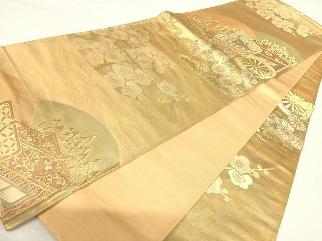 平和屋着物◎六通柄袋帯 御所車花文 金糸 正絹 逸品 AABA2121yx