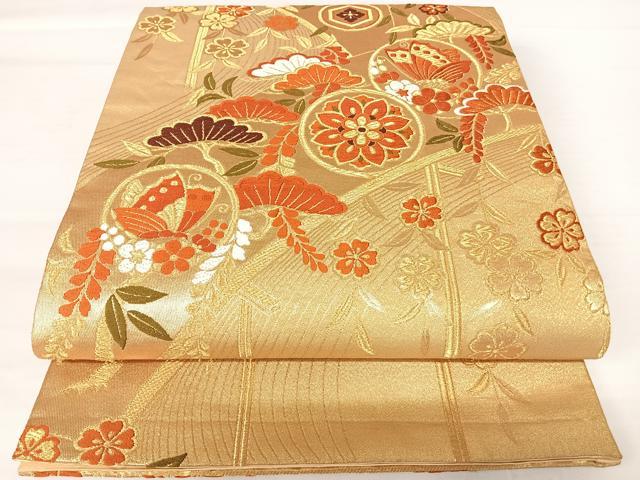 平和屋着物◎六通柄袋帯 唐織 花蝶文 金糸 正絹 逸品 AABA2124yx