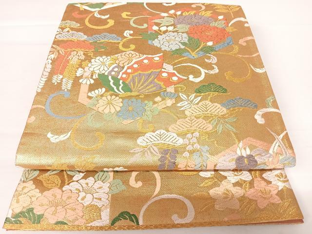 平和屋着物◎六通柄袋帯 唐織 花蝶文 金糸 正絹 逸品 AABA2125yx