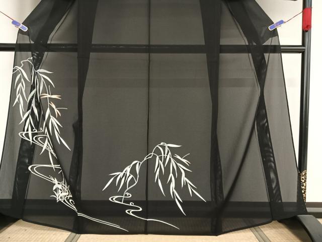 平和屋着物*夏物 訪問着 絽 駒刺繍 流水 蜻蛉 とんぼ 黒地 金糸 正絹 逸品 AABA2485np