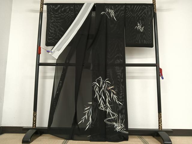 平和屋着物*夏物 訪問着 絽 駒刺繍 流水 蜻蛉 とんぼ 黒地 金糸 正絹 逸品 AABA2485np
