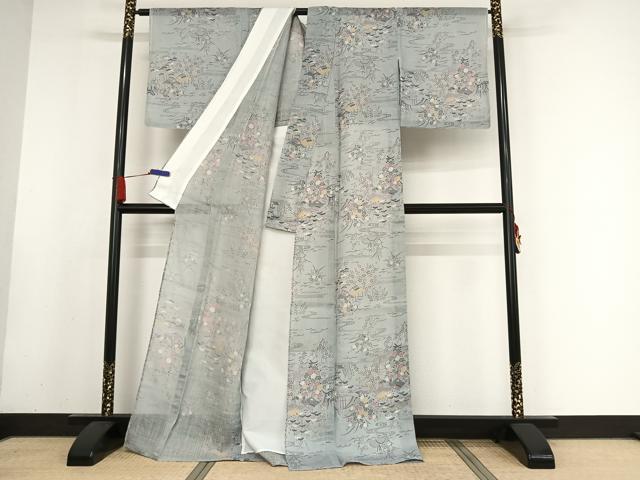 平和屋着物*夏物 小千谷ちぢみ 風景草花文 麻 逸品 未使用 AABA2508np