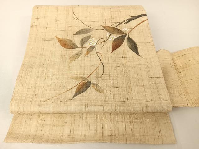 平和屋着物*夏物 九寸名古屋帯 手描き 枝花文 麻 AABA2541np