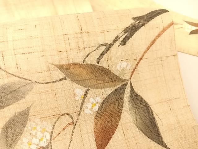 平和屋着物*夏物 九寸名古屋帯 手描き 枝花文 麻 AABA2541np